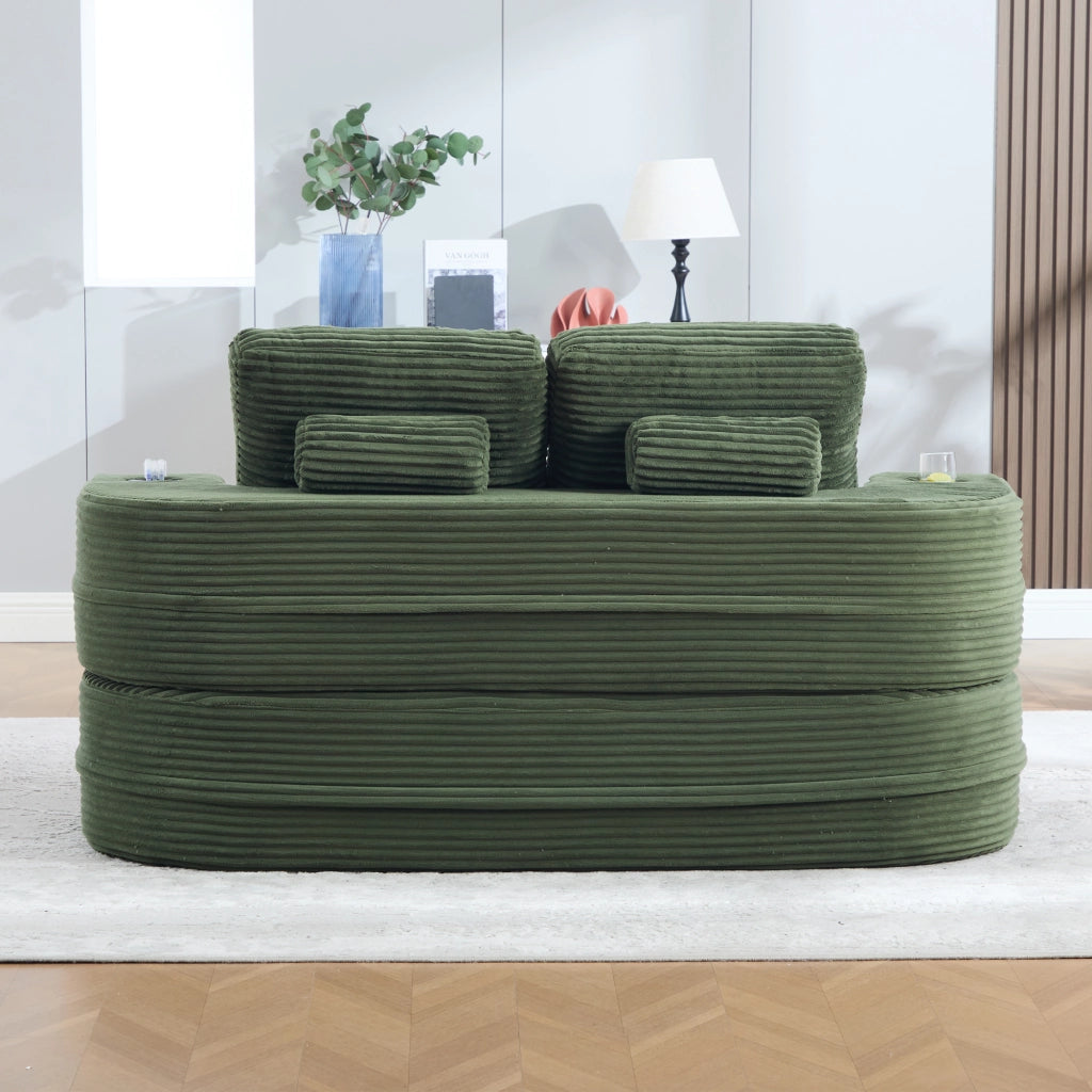 Poltrona letto 2 in 1 in velluto a coste con schienale alto e doppi portabicchieri; verde smeraldo