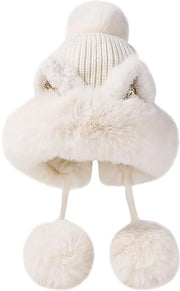 Muffa invernale per donne con pallina di peluche, cappello di lana caldo, cappello da sci, orecchini da calore morbidi bianchi