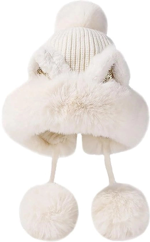 Muffa invernale per donne con pallina di peluche, cappello di lana caldo, cappello da sci, orecchini da calore morbidi bianchi