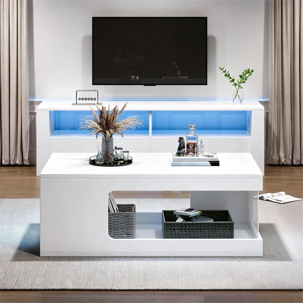 Tavolino da Caff¨¨ con LED ¨C Xylo ¨C Bianco, Vetro Temperato, Truciolato, 100x50x35