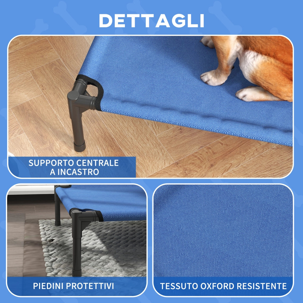 Cuccia Lettino per Cani Rialzato Pieghevole per Interno ed Esterno in Metallo e Tessuto Oxford, 76x61x18 cm, Blu