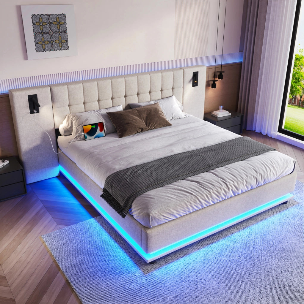 Letto imbottito 180x200 cm con LED; testiera con spot e USB; in lino beige