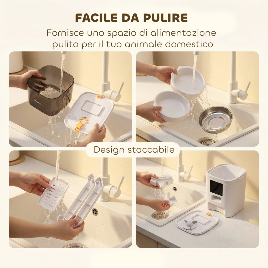 Distributore Automatico Cibo Gatti 6L WiFi 2.4G App con Timer 1-10 Pasti al Giorno 2 Ciotole in Acciaio Inox Bianco
