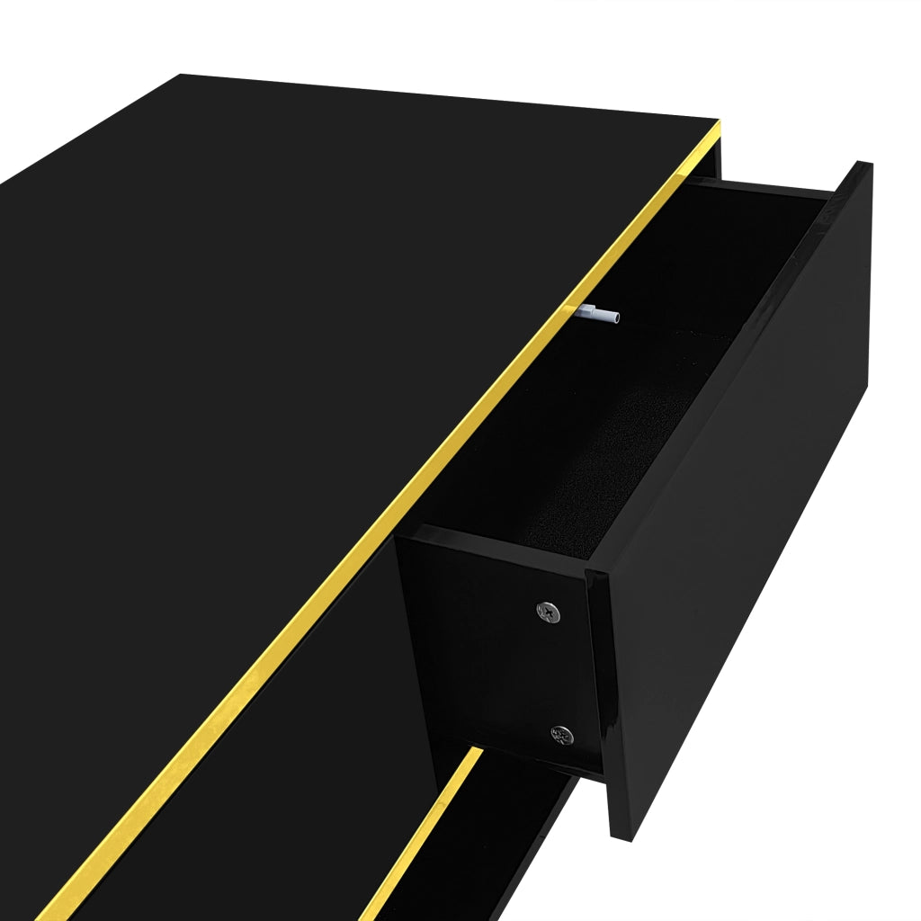 Tavolino da caffè 100x50x40 cm; con LED e 3 cassetti; finitura lucida; truciolato; nero e oro