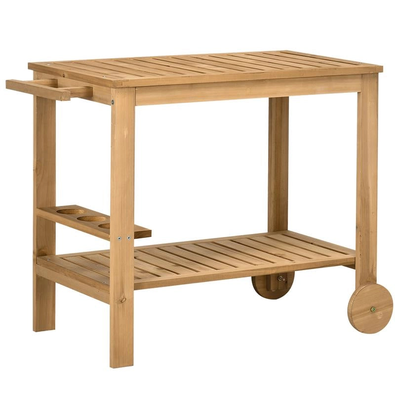 CARRELLO PORTAVIVANDE DA GIARDINO IN LEGNO CON 2 RIPIANI E PORTABOTTIGLIE, 95X47X74 CM, COLOR LEGNO