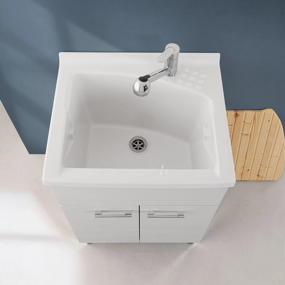 Mobile lavatoio 60x50 rovere bianco Moon con vasca in ceramica Dolomite