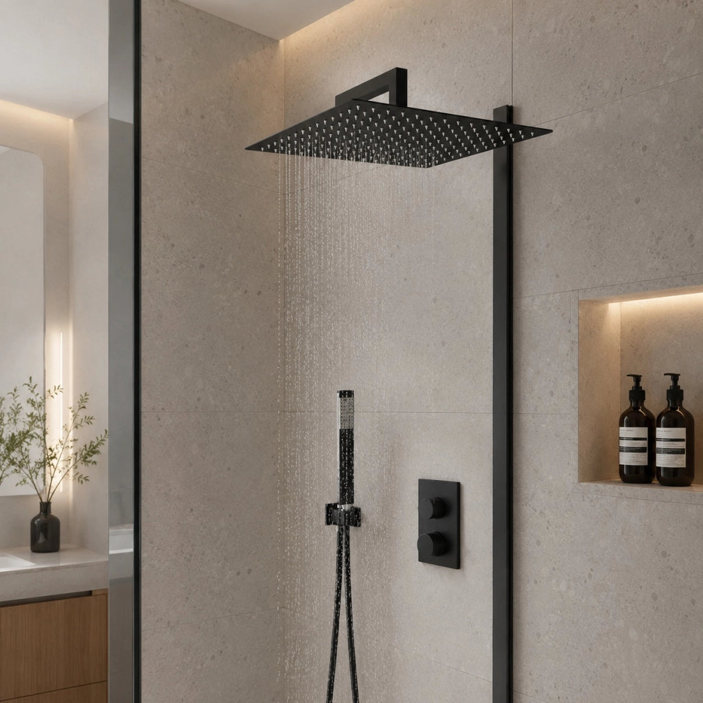 Soffione Doccia Per Bagno Ultra Slim Moderno Quadrato 25x25 cm Nero 1/2" 87883