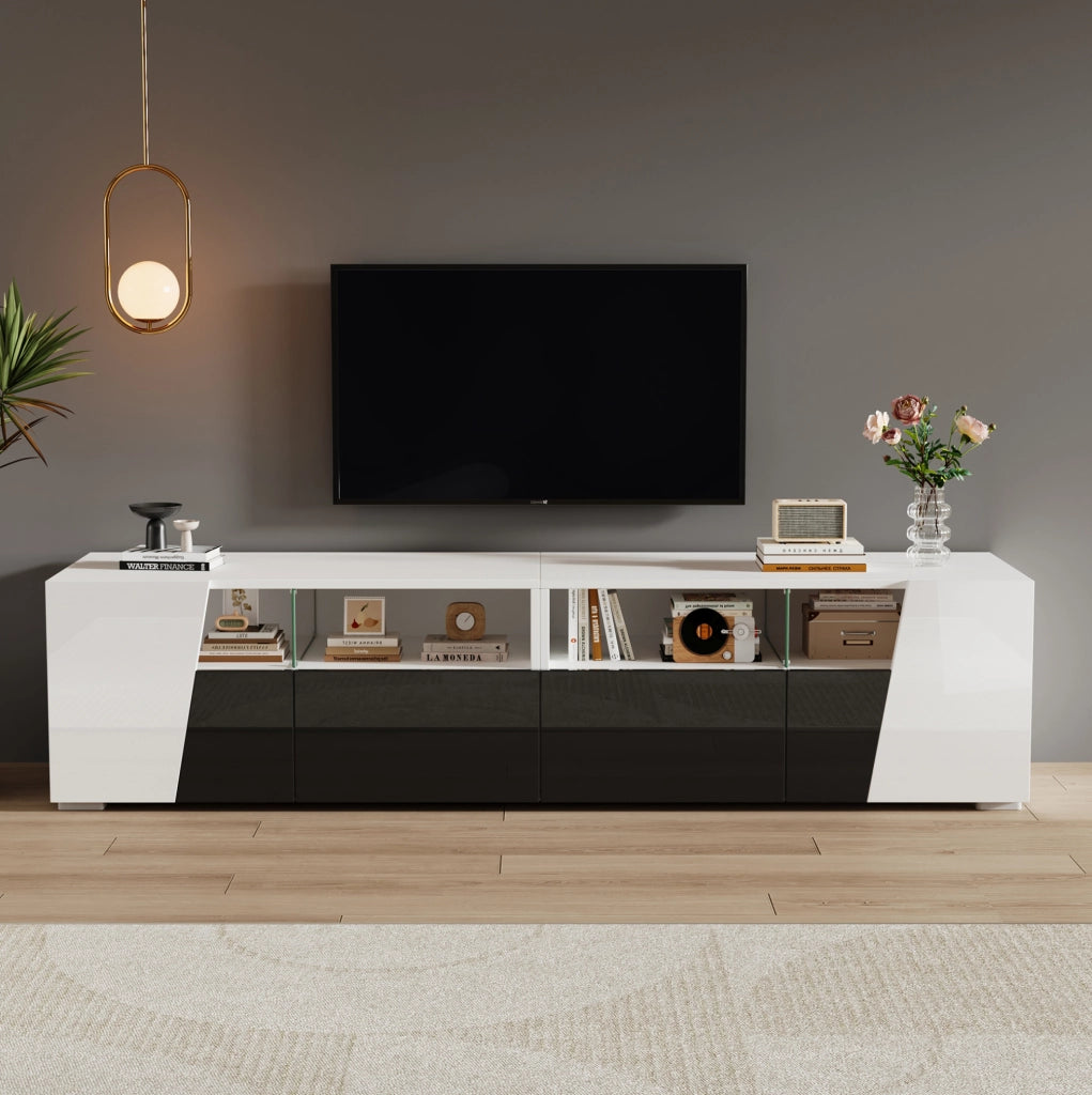 Mobile TV sospeso LED 180 cm bianco e nero con 2 cassetti e 2 ante