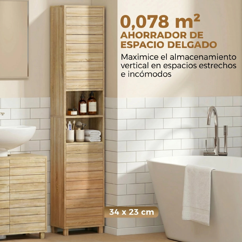 Armadio alto bagno ante lamas apertura push legno naturale ripiani regolabili ¨C Xylo ¨C 34x23x170 cm