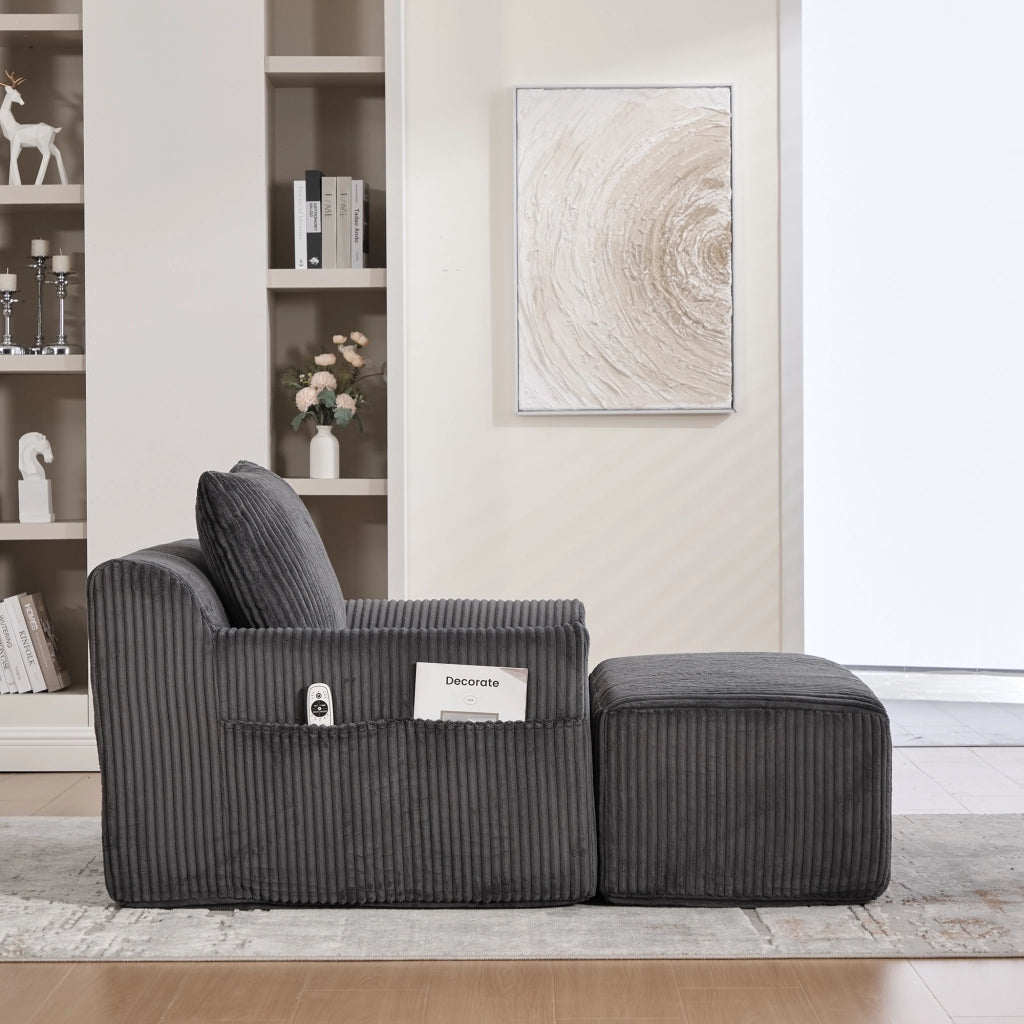 OKWISH Poltrona con Poggiapiedi, Seduta Profonda con Tasche Laterali, Design Minimalista, Velluto a Coste Grigio Scuro