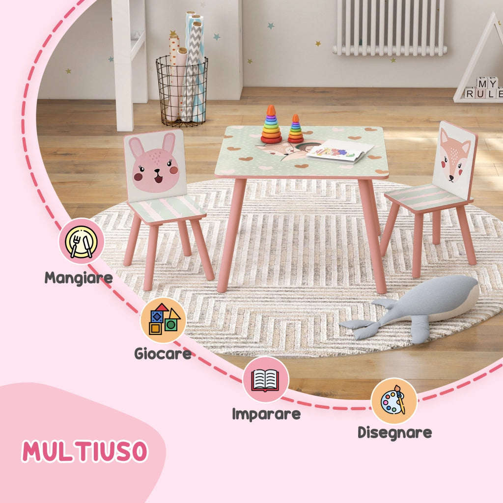 EasyComfort Set Tavolo e Sedie 3 Pezzi per Bambini 3-8 Anni in MDF e Legno di Pino con Disegni di Animali, Rosa