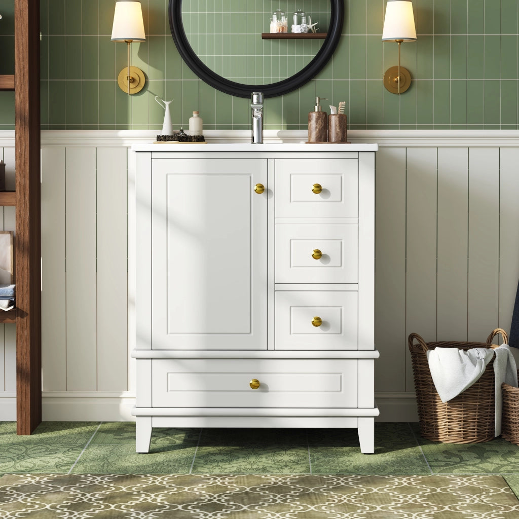 Mobile bagno con lavabo; 3 cassetti e 1 anta soft-close per bagno; in MDF e ceramica; bianco lucido; 61×47×86 cm
