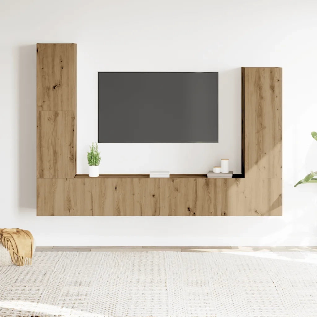 Set Mobile TV 4 pz Montato a Parete Rovere in Legno Multistrato 3329218