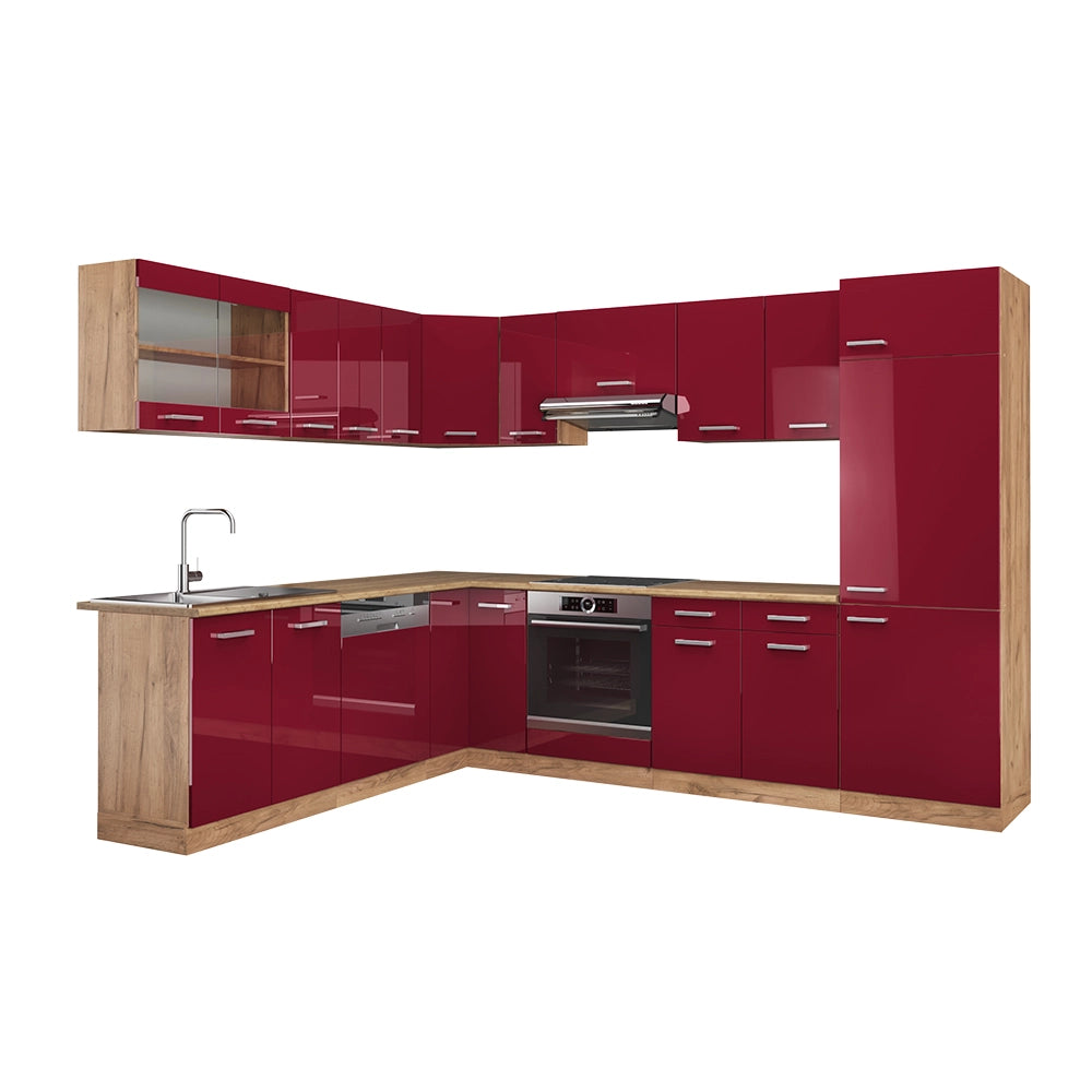 Vicco Cucina angolare completa Rosso lucido/rovere dorato 287 x 46 cm senza piano di lavoro