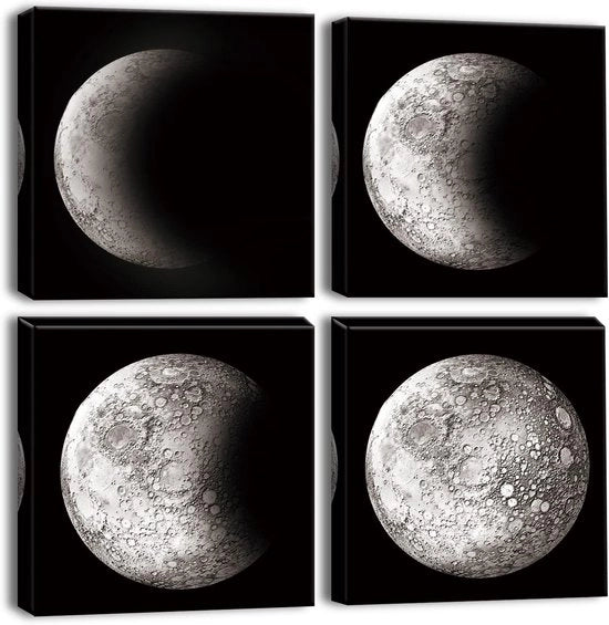 Stampi da parete a tema luna in bianco e nero su tela - 30x30 cm - 4 pezzi