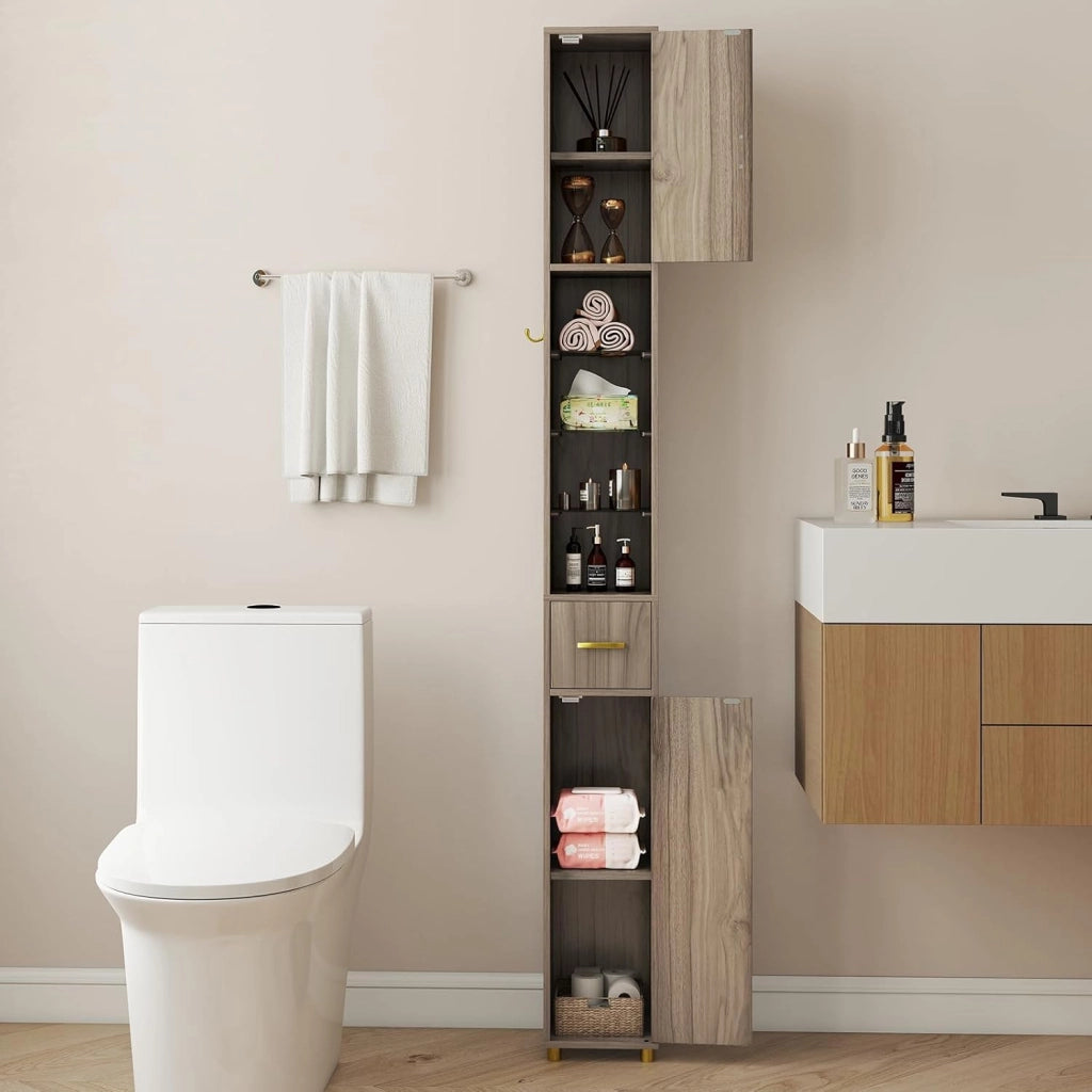 Colonna Bagno Alta, Ripiano in Vetro Temperato, Luce a 3 Colori, Piccolo Mobile di Stoccaggio Bagno, 2 Ante, 1 Cassetto, per Soggiorno, Ufficio, 20 x 20 x 181 cm(4Ripiano-2, Grigio)