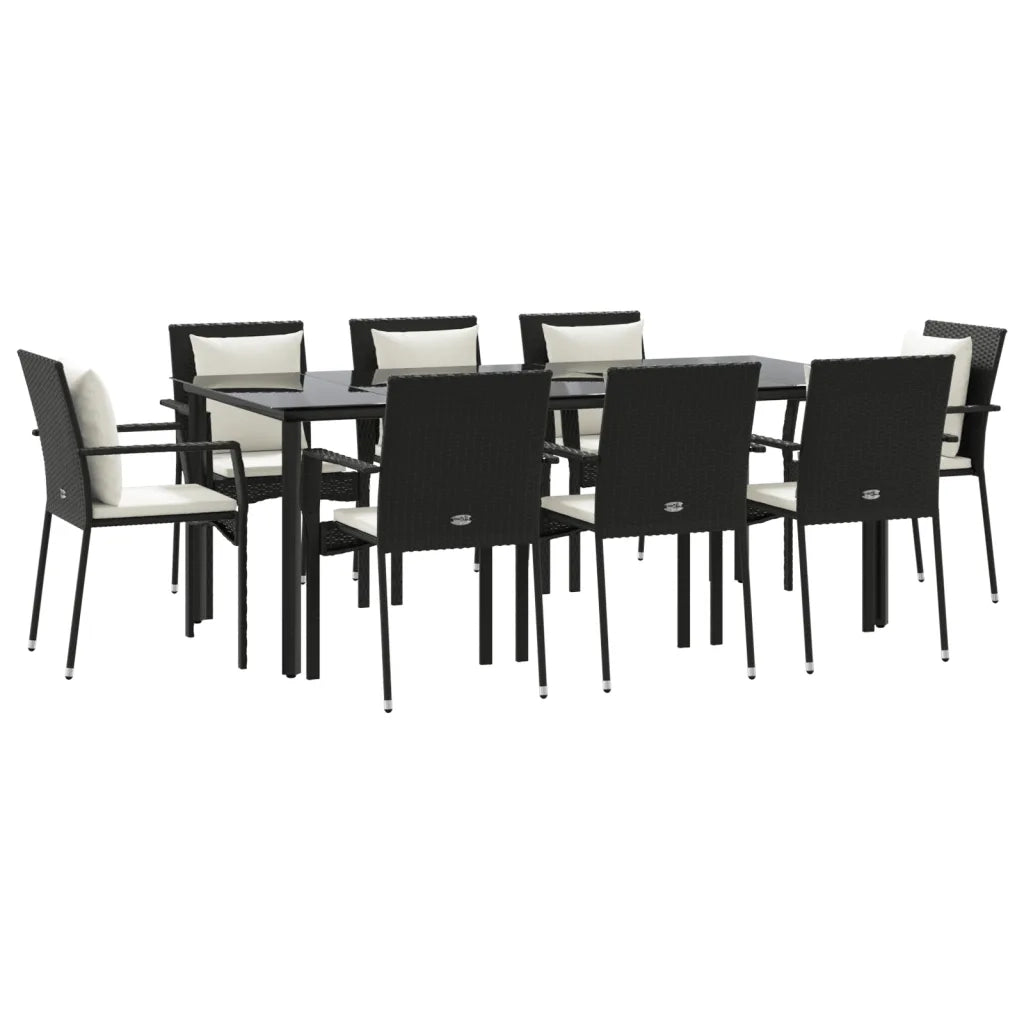 Set da Pranzo da Giardino 9 pz con Cuscini Nero in Polyrattan