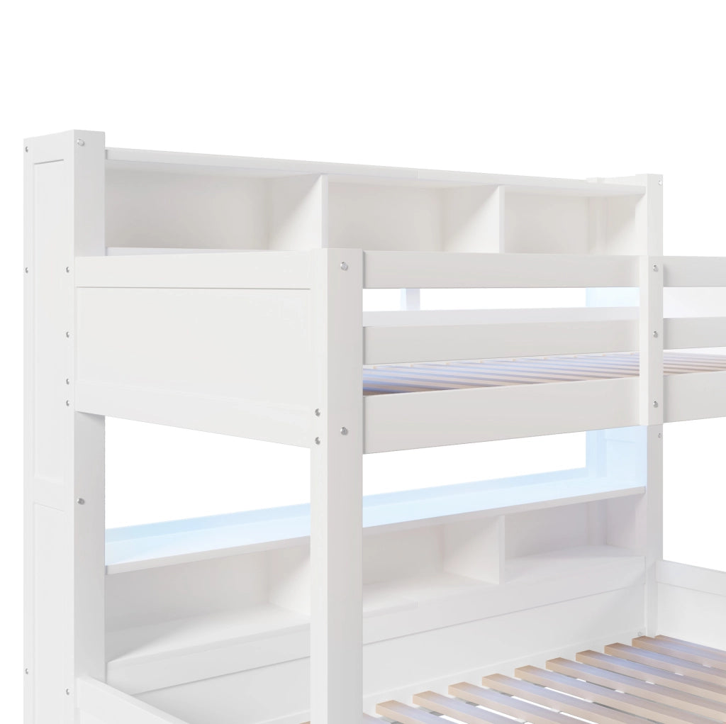 Letto a castello ULEVR 90x200 e 140x200 cm con LED, vani aperti e cassetto, bianco