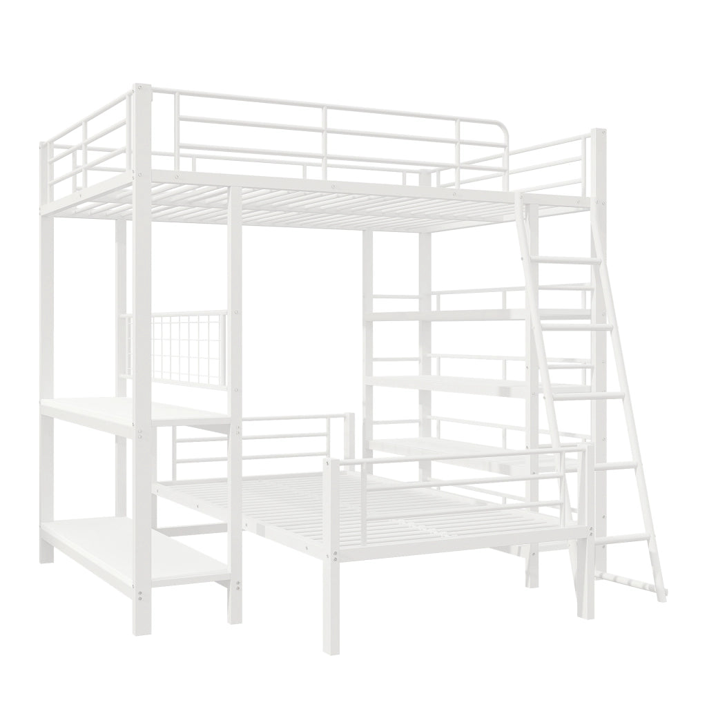 OKWISH Letto a castello 140×200 cm e 90×200 cm, Letto 3 Posti con Mensole, Divisibile in 2 Letti, senza Materasso, Metallo, Bianco