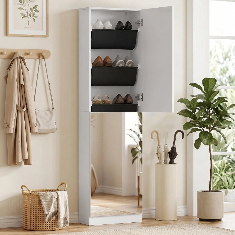 Scarpiera stretta con specchio, 5 ripiani e vano inferiore, chiusura ammortizzata per ingresso, 50 × 20 × 180 cm, bianco