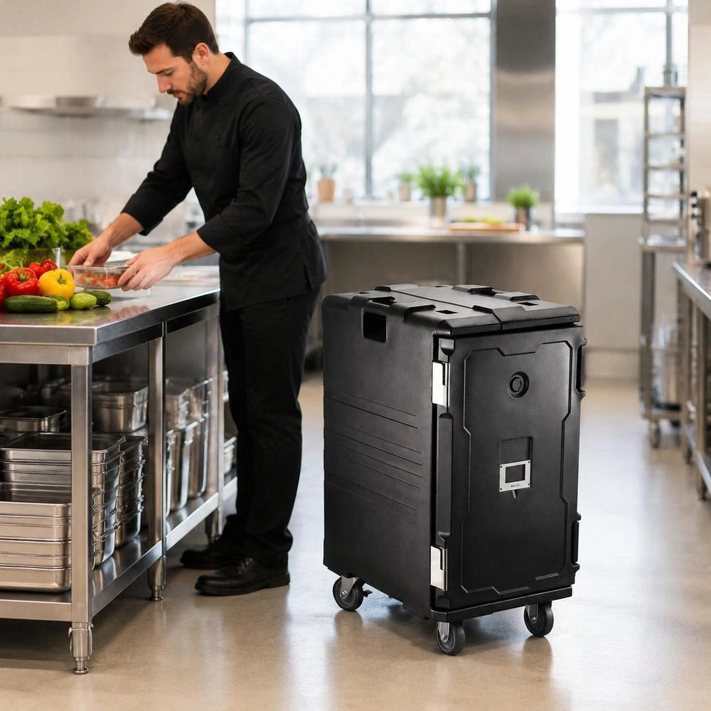Insulated Food Container Carrier, Front Loader, Catering Box With Wheels, 103 L, Black