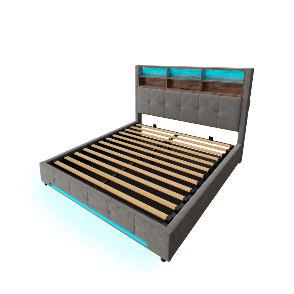 Letto Contenitore 160x200 cm; Matrimoniale - USB-C; LED e 6 Vani - Grigio Scuro