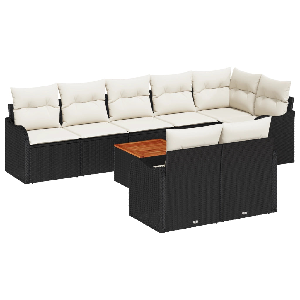 Set divano da giardino 9 pezzi con cuscini in polyrattan nero e acacia
