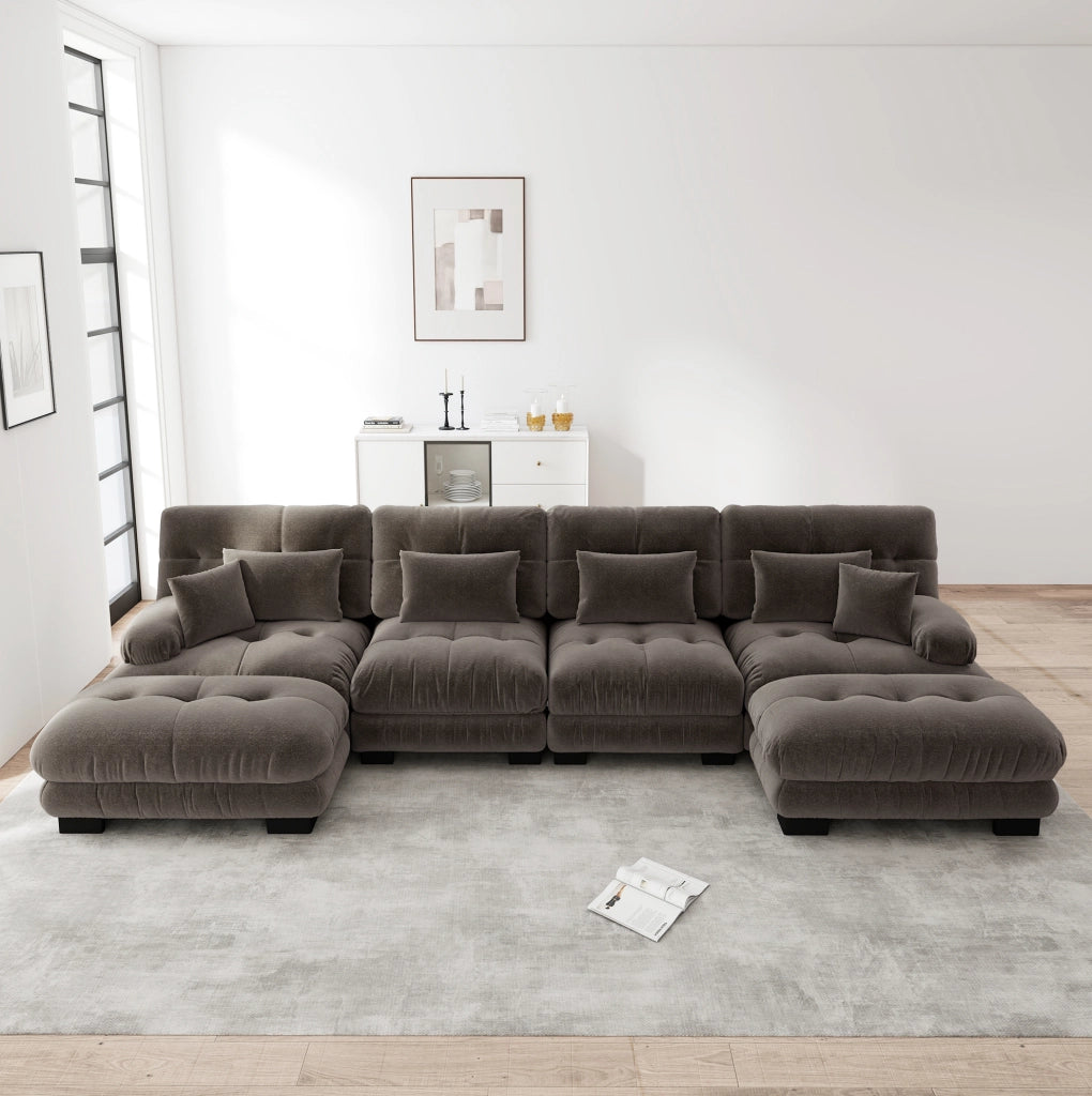 Divano modulare angolare a U 4 posti in chenille vintage marrone con pouf mobile