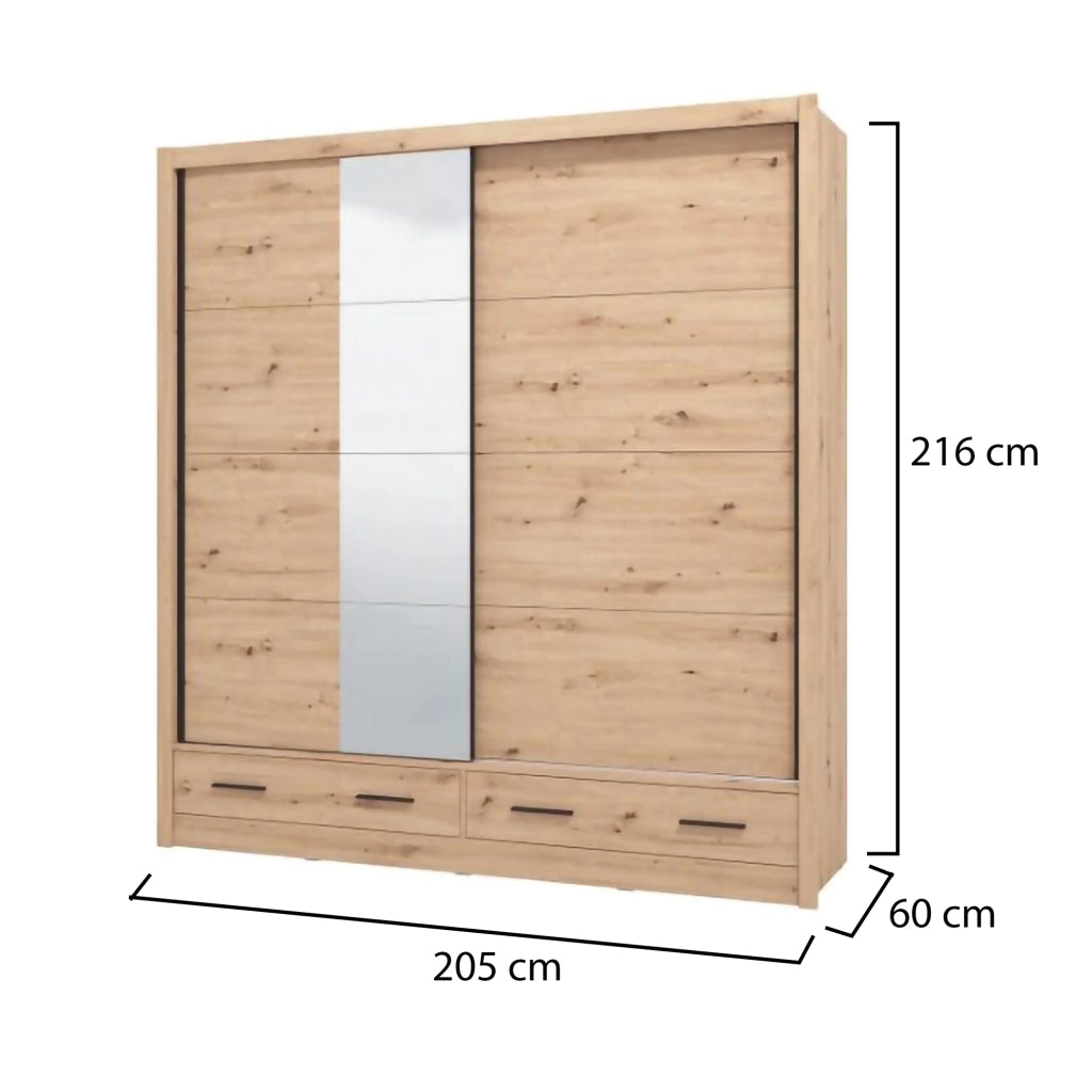 Armadio Camera da Letto Copala, Guardaroba 2 Ante 4 Ripiani, 205x216h cm Marrone Rovere Nodi