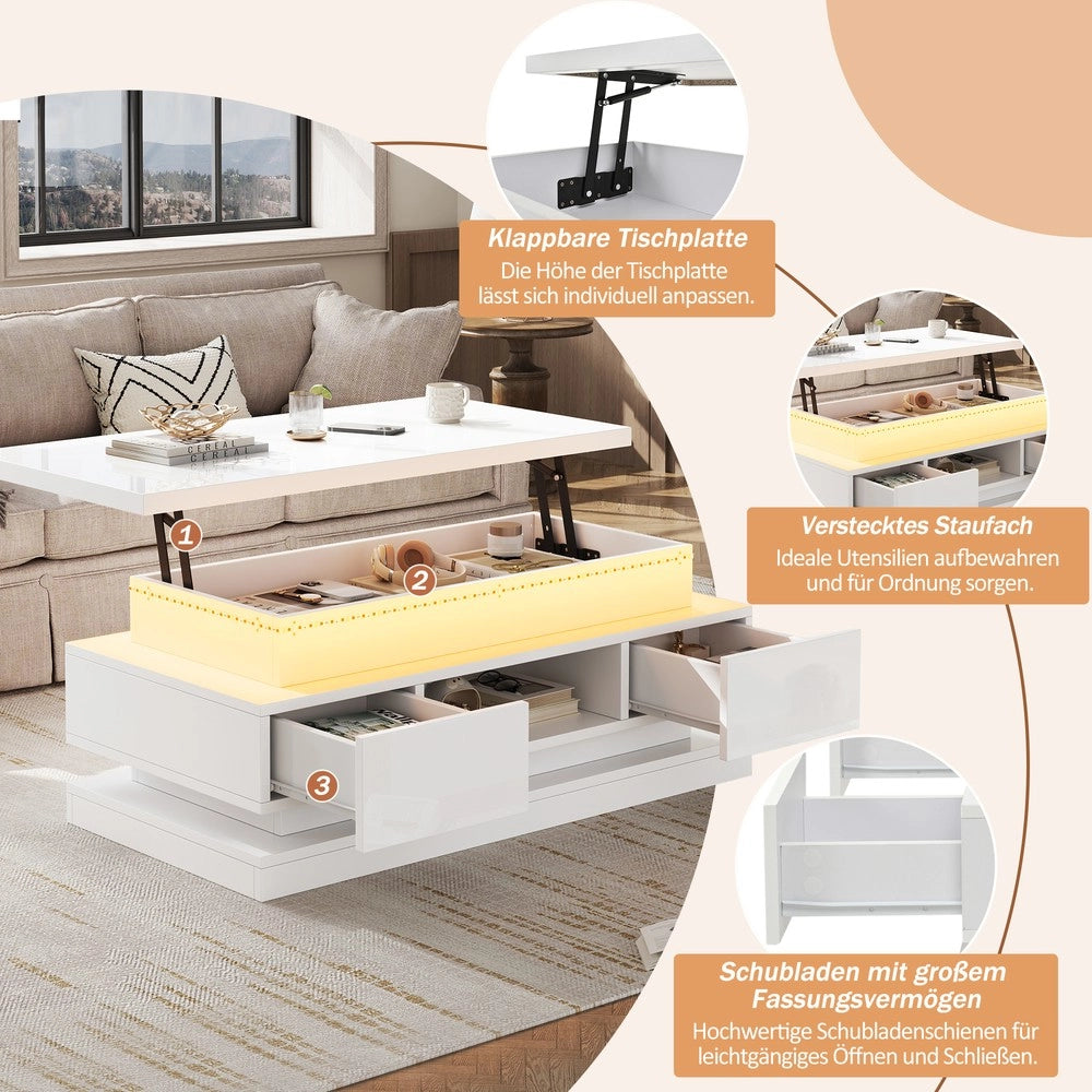 Tavolino da caff¨¨ con cassetti e LED ¨C Minimal ¨C Bianco lucido MDF 100x50x40