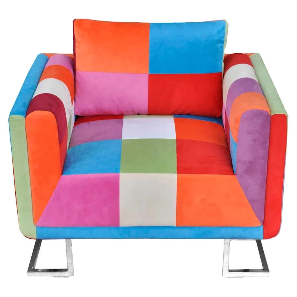 Poltroncina-Poltrona a Cubo con Gambe Cromo e Design Patchwork in Tessuto