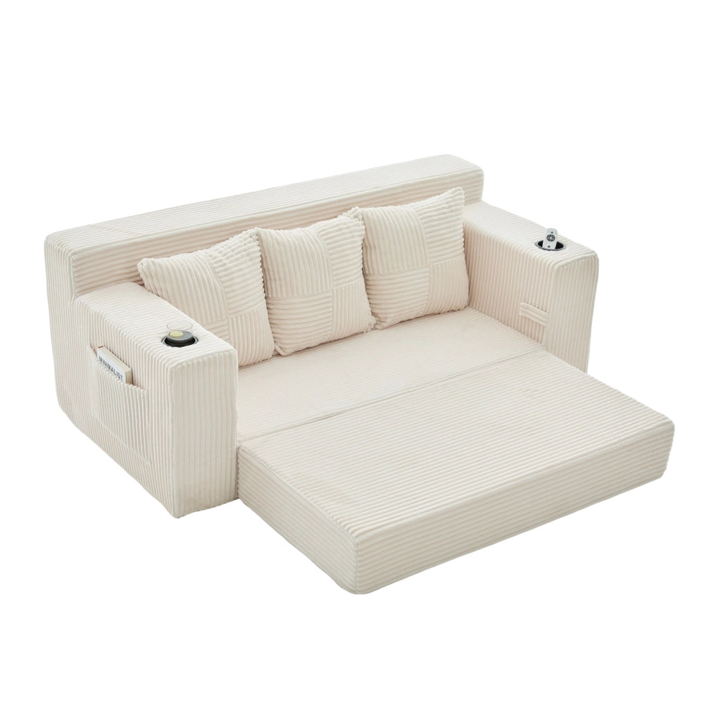 Divano modulare ULEVR 172x87x64 cm a 2 posti, con portabevande e tasche laterali, velluto a coste beige