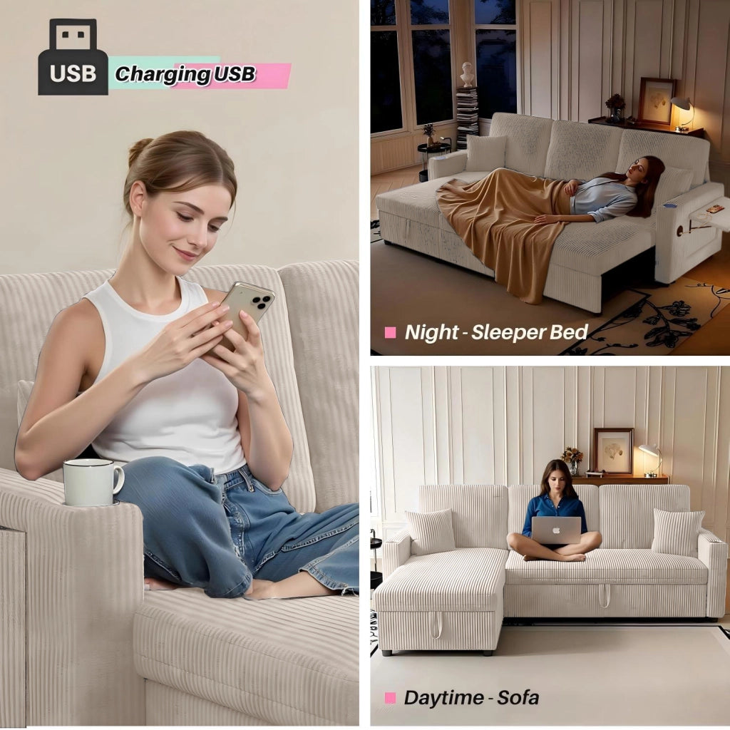 Divano Angolare Convertibile Modulare con vano contenitore, portabicchieri e tasca laterale, in velluto a coste Beige