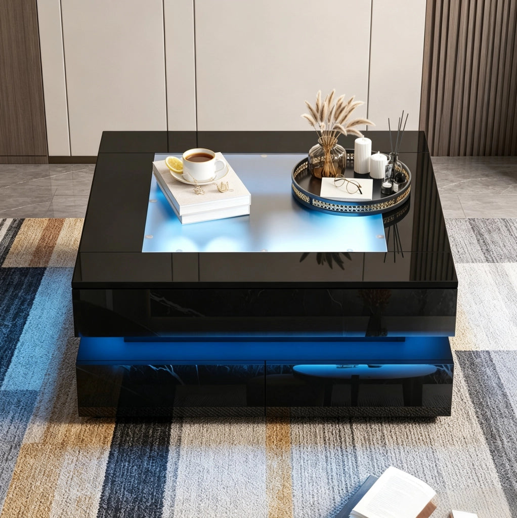 Tavolino da caffè 70x70x35 cm con LED e 3 cassetti; vetro temperato; nero