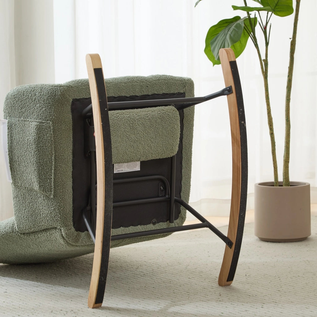 Poltrona a dondolo ergonomica con pouf, schienale avvolgente e braccioli, base in legno, in tessuto teddy verde