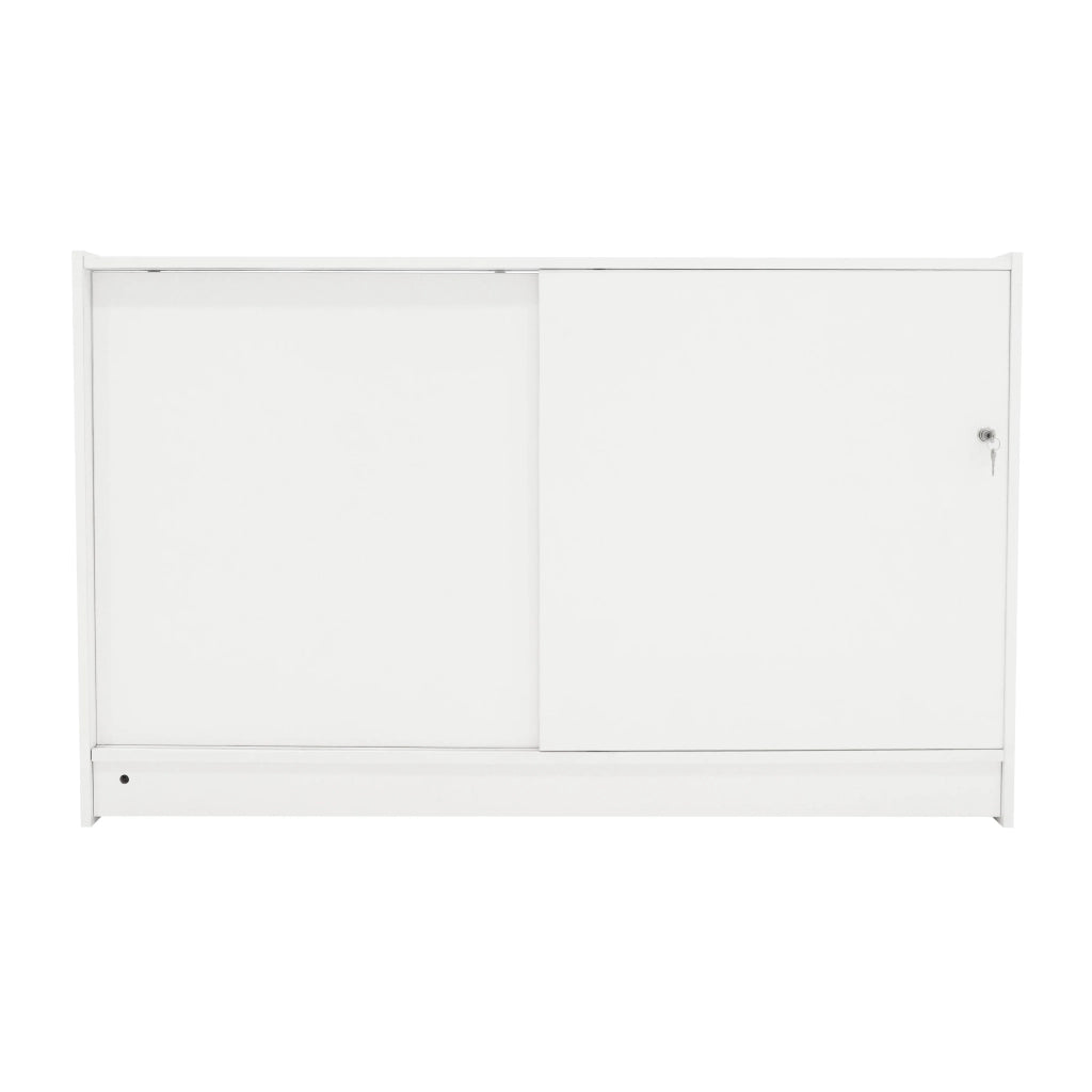 Bancone LED Bianco C1500 con Vetrina, 3 Ripiani e Ante Scorrevoli Bloccabili