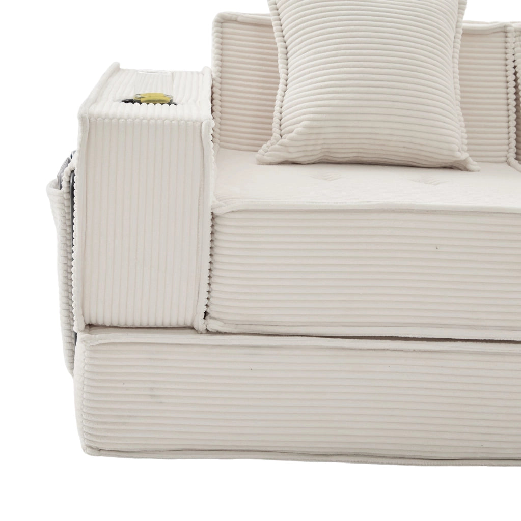 Divano 2 posti ULEVR 162x78x66 cm modulare con 2 cuscini e tasche laterali, tessuto a coste beige