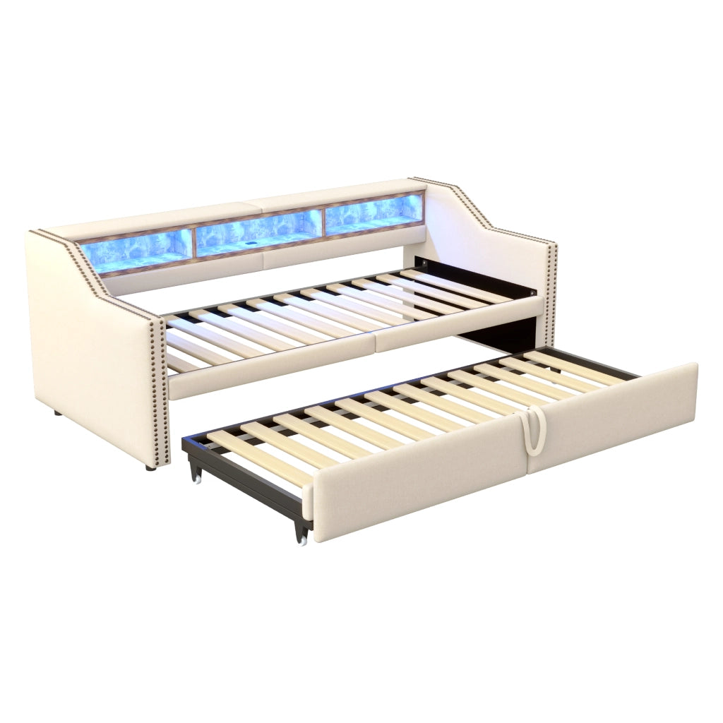 Letto a Divanetto 90x200 cm; Estraibile; USB e LED; con Secondo Telaio; Beige