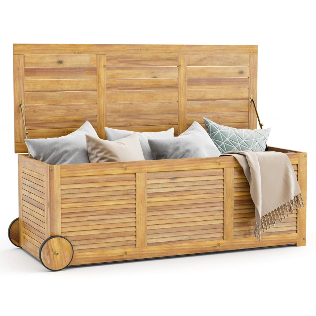 Baule da giardino in legno acacia 182L con 2 ruote borsa interna impermeabile, Contenitore da esterno 127x50x45cm-Casette da giardino