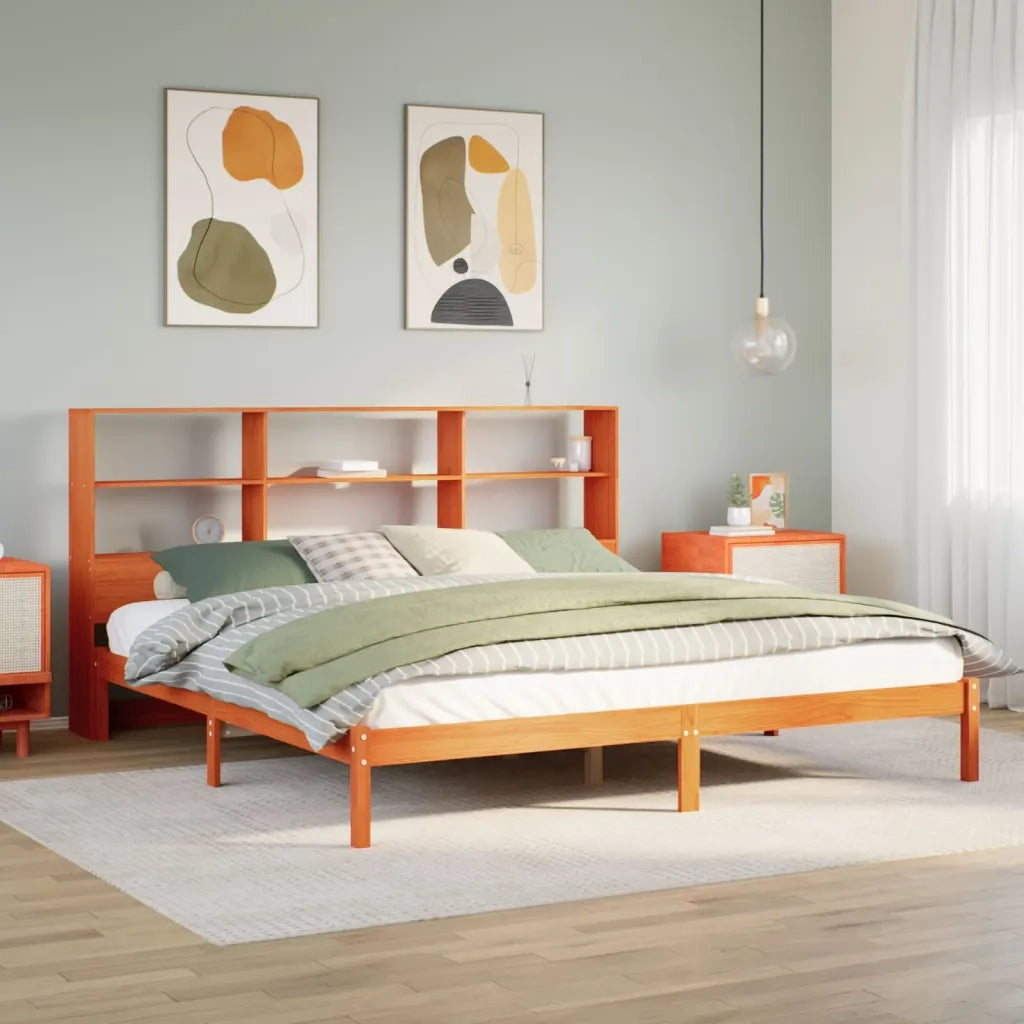 Letto matrimoniale | Letto per adulti | Letto Libreria senza Materasso Marrone Cera 200x200 cm in Pino