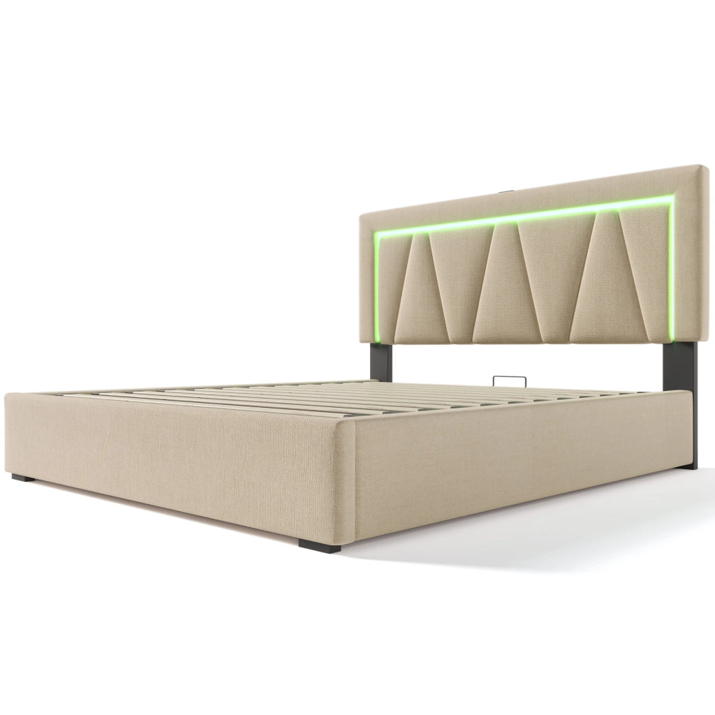 Bettgestell 140x200 cm in Leinen Beige con LED; USB e Type-C; testiera regolabile e contenitore