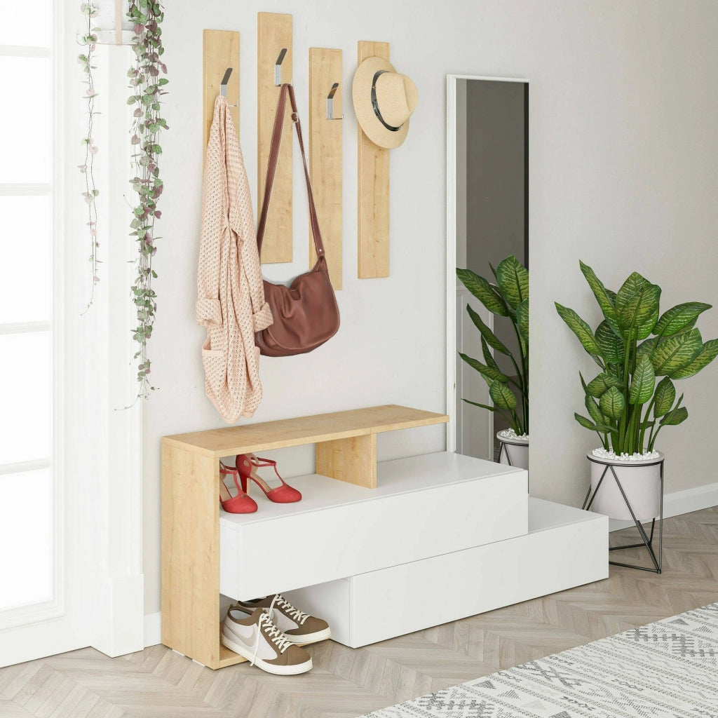 Mobile da ingresso Ascari, Entratina appendiabiti, Composizione per atrio, Consolle portaoggetti multifunzione, 137x35h55 cm, Bianco e Rovere