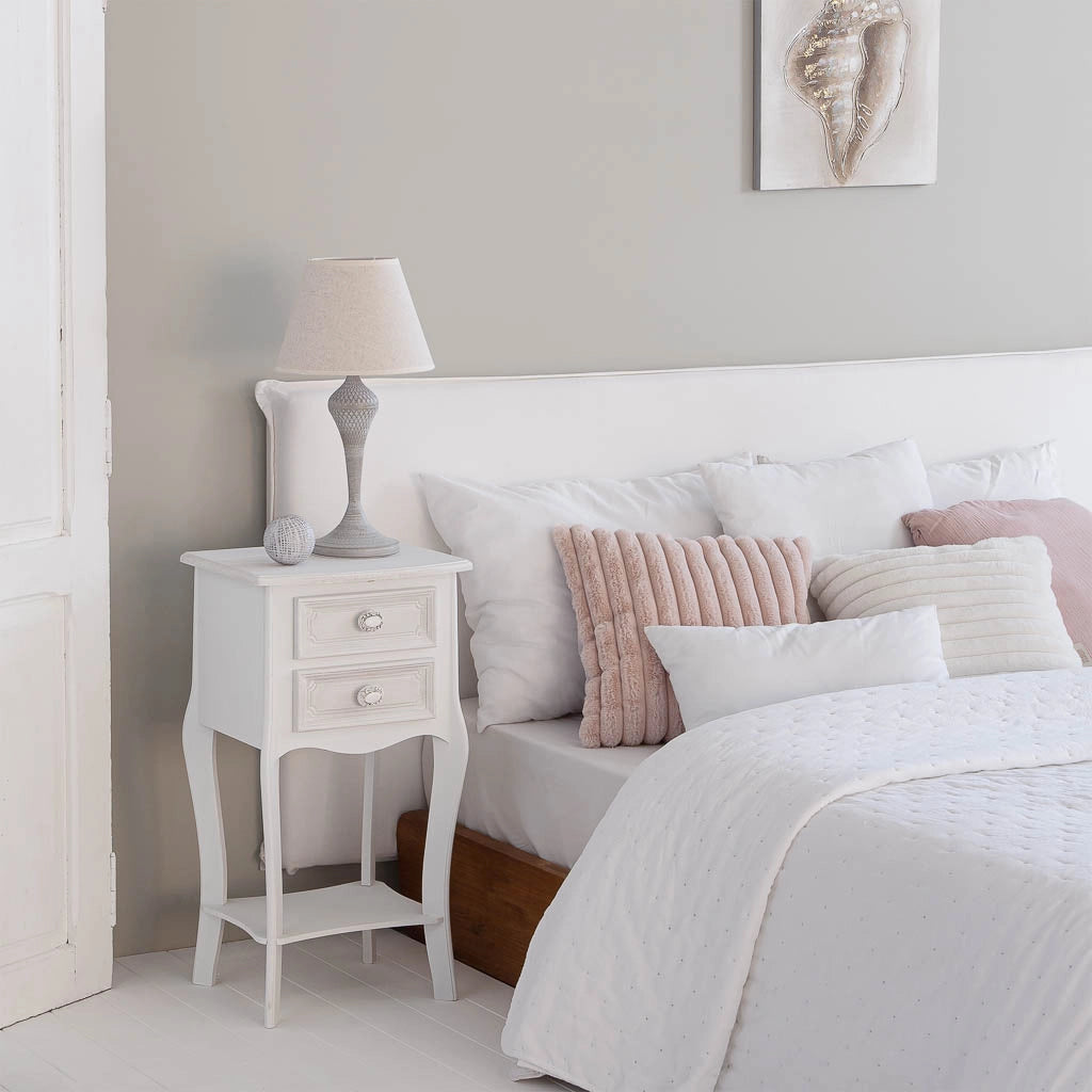 Comodino in legno con 2 cassetti e 1 ripiano bianco 38x31,5x71.