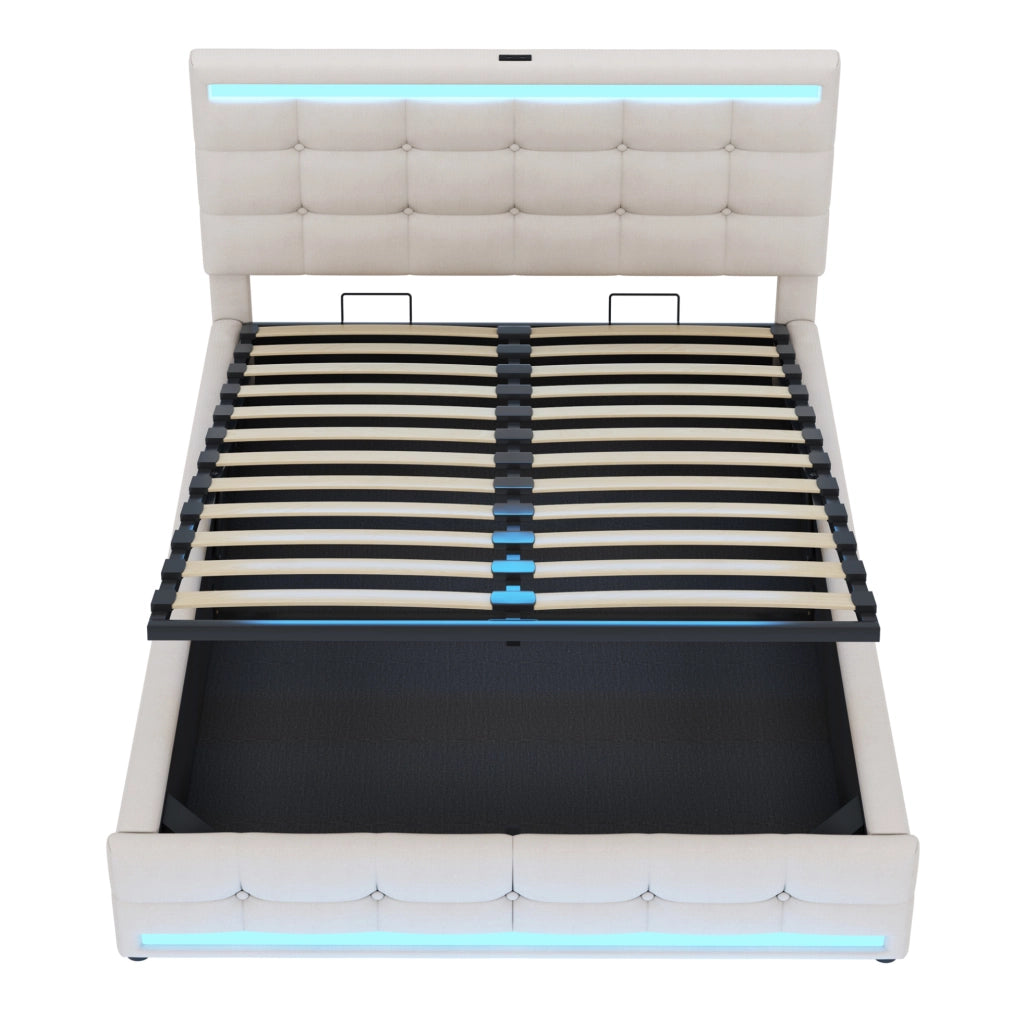 Letto matrimoniale 140x200 cm imbottito con LED, 2 porte USB e contenitore beige