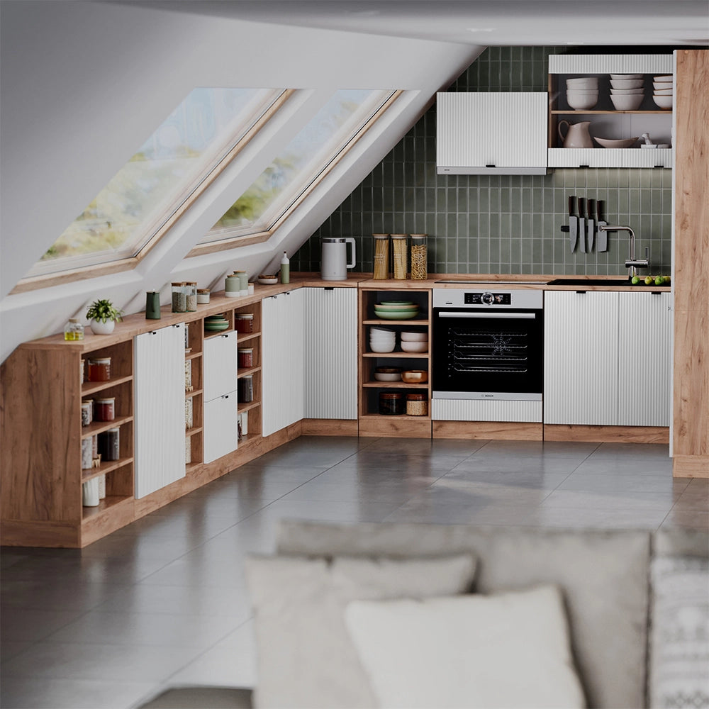 Mobile cucina sottotetto R-Line Ondulazione bianca/Rovere dorato 60 cm con 2 cassetti, carcassa 60 cm profondità Vicco
