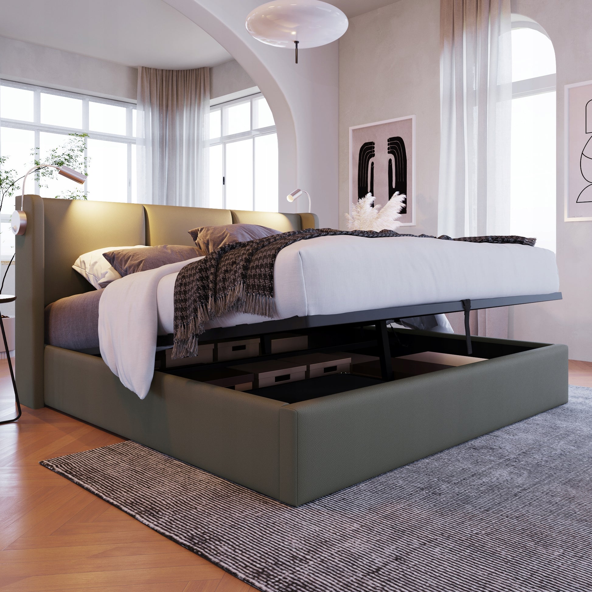 Letto con cassetti - Xylo - 140x200 - Grigio - Caricamento USB, luce LED per la lettura