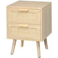Comodino per Camera da Letto con 2 Cassetti in Stile Boho, 40x40x56cm, Colore Legno Naturale