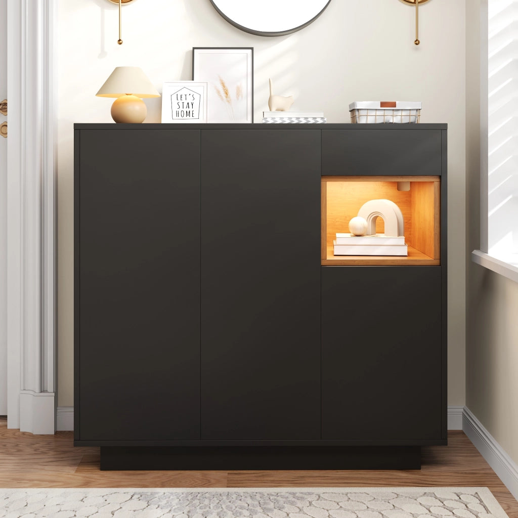 Mobile Scarpiera con 1 Cassetto; Ripiani Regolabili e LED 16 Colori; Stile Moderno; in Pannelli; Nero/Naturale; 105??39;5??100;5 cm