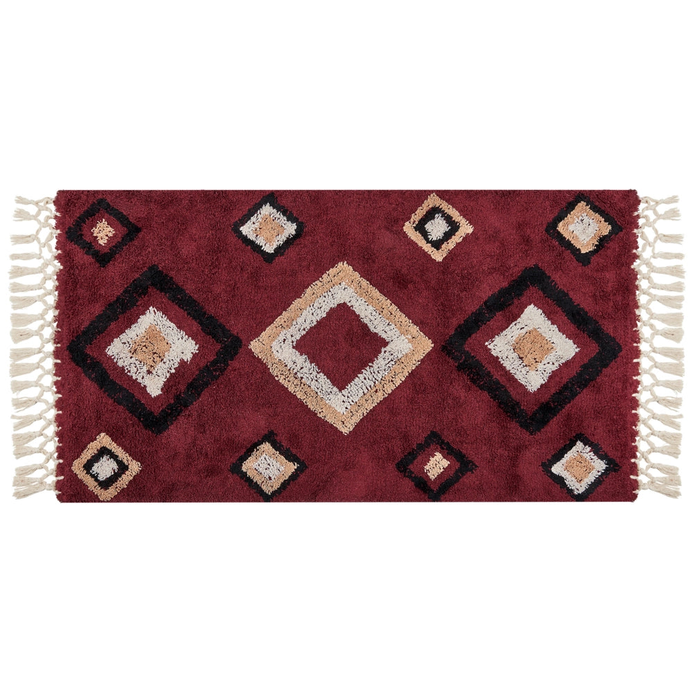Tappeto in cotone con nappe e motivo a diamante rosso 80 x 150 cm soggiorno camera da letto