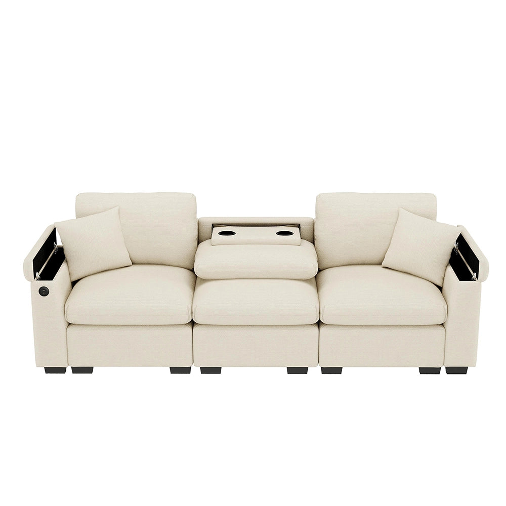 Divano 3 posti - Xylo - In chenille, con tavolo e USB, beige, multifunzione